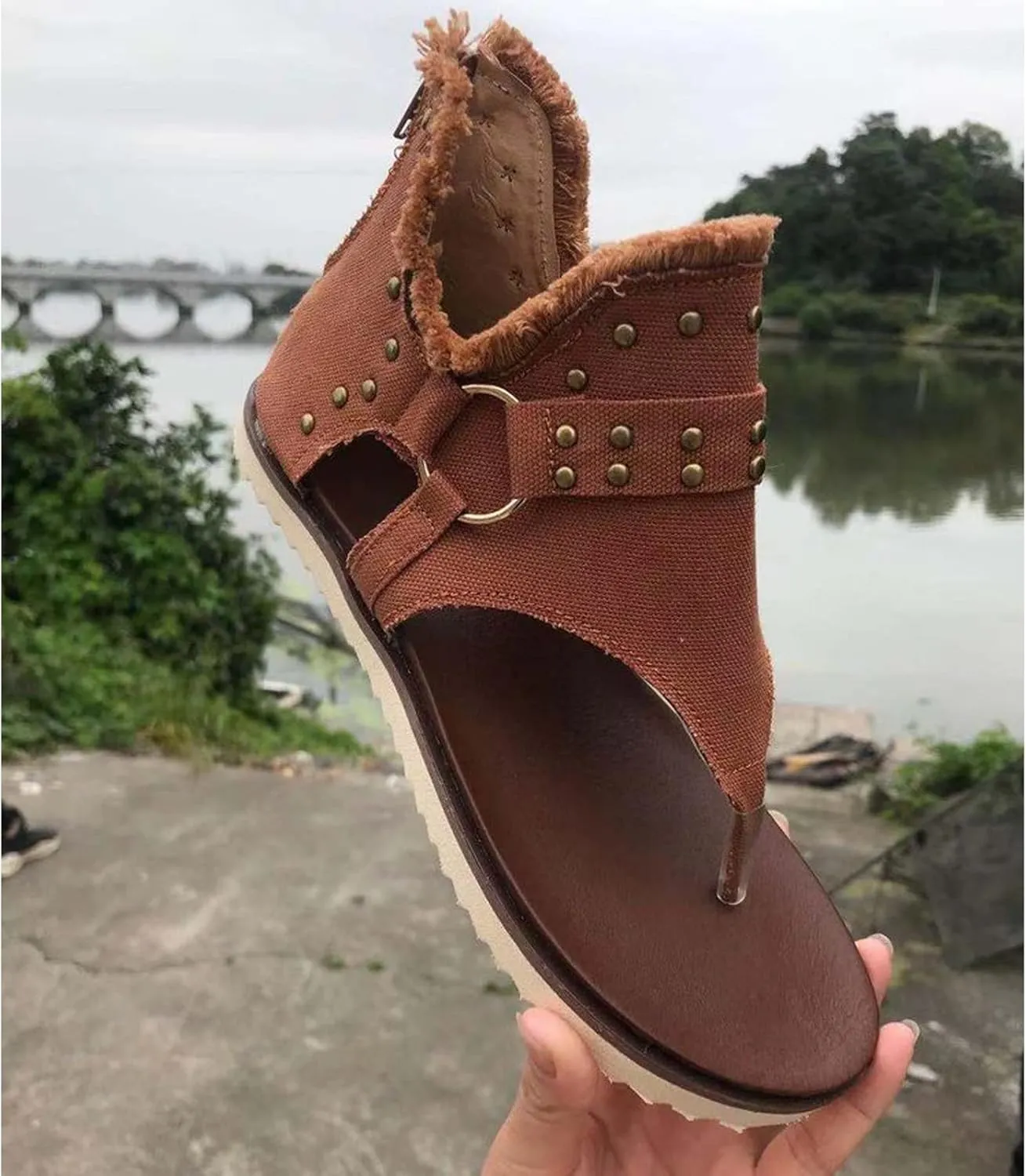 Women's Clip-Toe Flip Flops Studded Canvas Flat Sandals,Summer Fashion Buckle-Strap Back Zipper Orthopedic Open Toe Flops,Casual Fringe Boho Comfy Slip on Beach Slippers