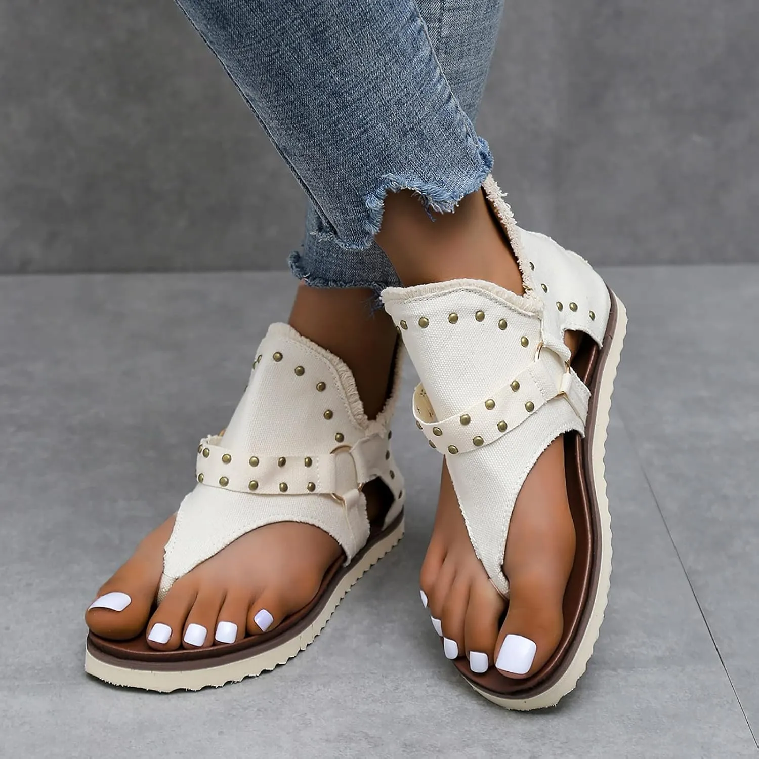 Women's Clip-Toe Flip Flops Studded Canvas Flat Sandals,Summer Fashion Buckle-Strap Back Zipper Orthopedic Open Toe Flops,Casual Fringe Boho Comfy Slip on Beach Slippers