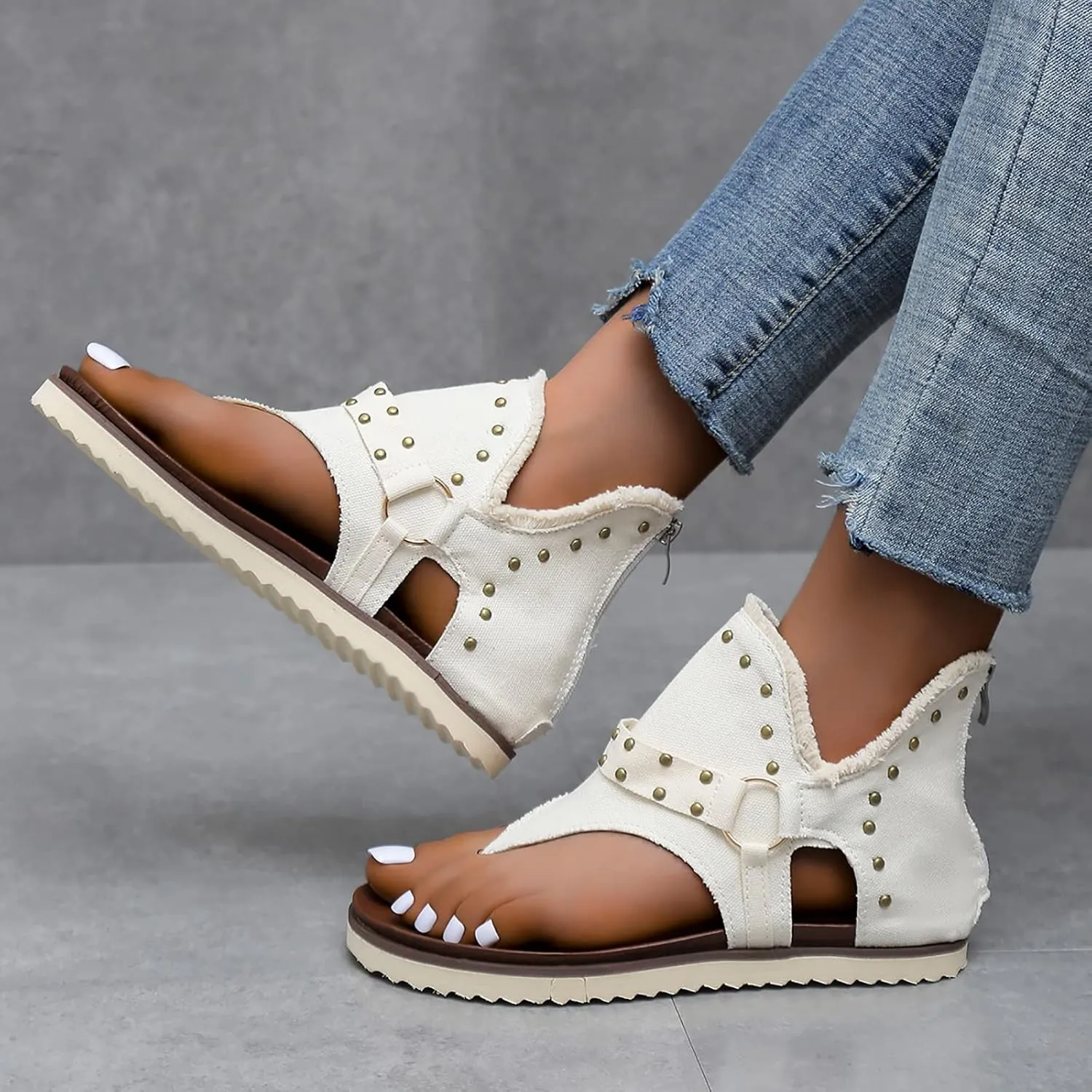 Women's Clip-Toe Flip Flops Studded Canvas Flat Sandals,Summer Fashion Buckle-Strap Back Zipper Orthopedic Open Toe Flops,Casual Fringe Boho Comfy Slip on Beach Slippers