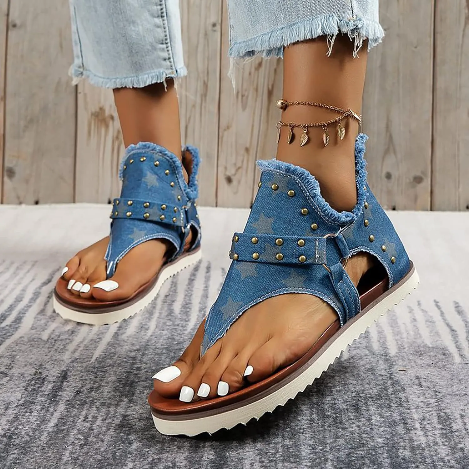 Women's Clip-Toe Flip Flops Studded Canvas Flat Sandals,Summer Fashion Buckle-Strap Back Zipper Orthopedic Open Toe Flops,Casual Fringe Boho Comfy Slip on Beach Slippers