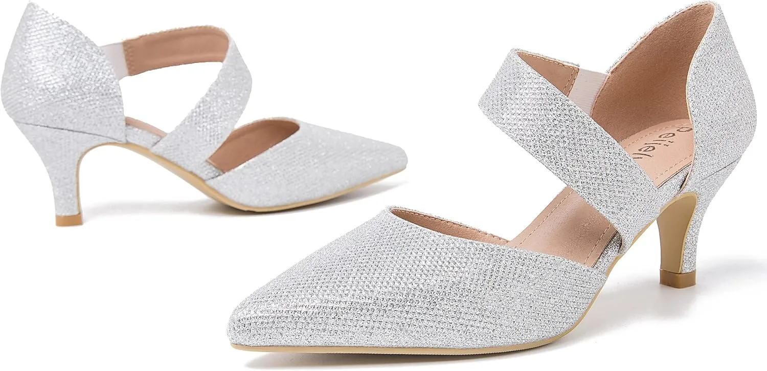 Women's Closed Pointed Toe Heels Strap D'Orsay Kitten Heel Slip On Dressy Pumps