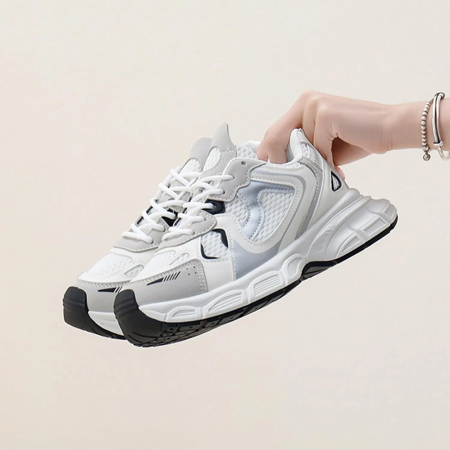 Women's Fashion Platform Trainers - Dad Sneaker Style Lace-up Breathable Mesh Sneakers for Casual Autumn Looks,Beige-36