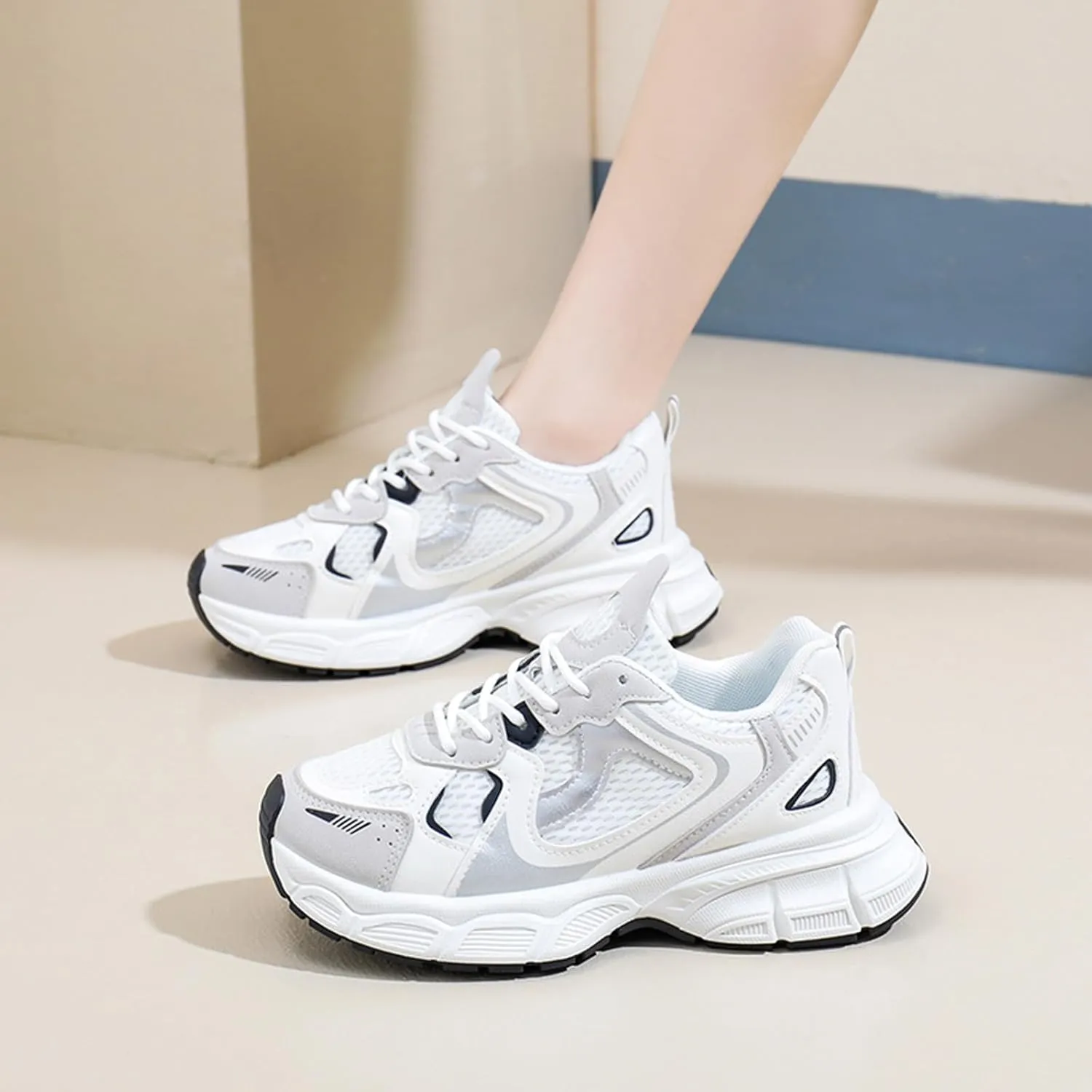 Women's Fashion Platform Trainers - Dad Sneaker Style Lace-up Breathable Mesh Sneakers for Casual Autumn Looks,Beige-36