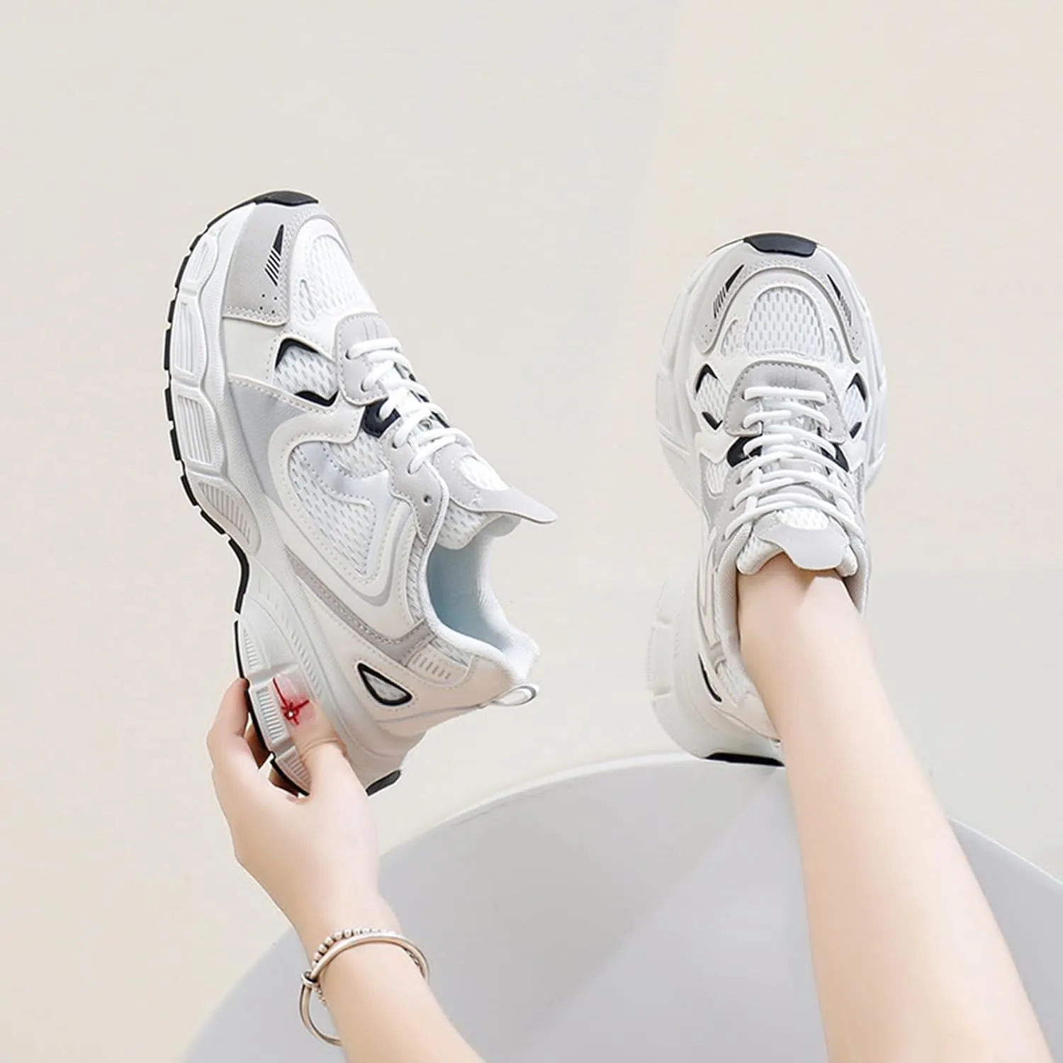 Women's Fashion Platform Trainers - Dad Sneaker Style Lace-up Breathable Mesh Sneakers for Casual Autumn Looks,Beige-36