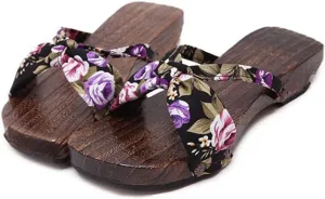 Women's Flip-Flops Printed Kimono Clogs Slippers,Japanese Traditional Geta Wooden Kimono Flip Flops Thick Sole Sashion Sandals (Size:EU 37,Color:Black)