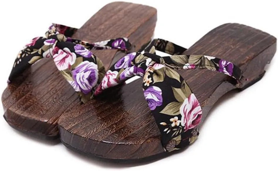 Women's Flip-Flops Printed Kimono Clogs Slippers,Japanese Traditional Geta Wooden Kimono Flip Flops Thick Sole Sashion Sandals (Size:EU 37,Color:Black)