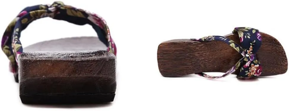 Women's Flip-Flops Printed Kimono Clogs Slippers,Japanese Traditional Geta Wooden Kimono Flip Flops Thick Sole Sashion Sandals (Size:EU 37,Color:Black)