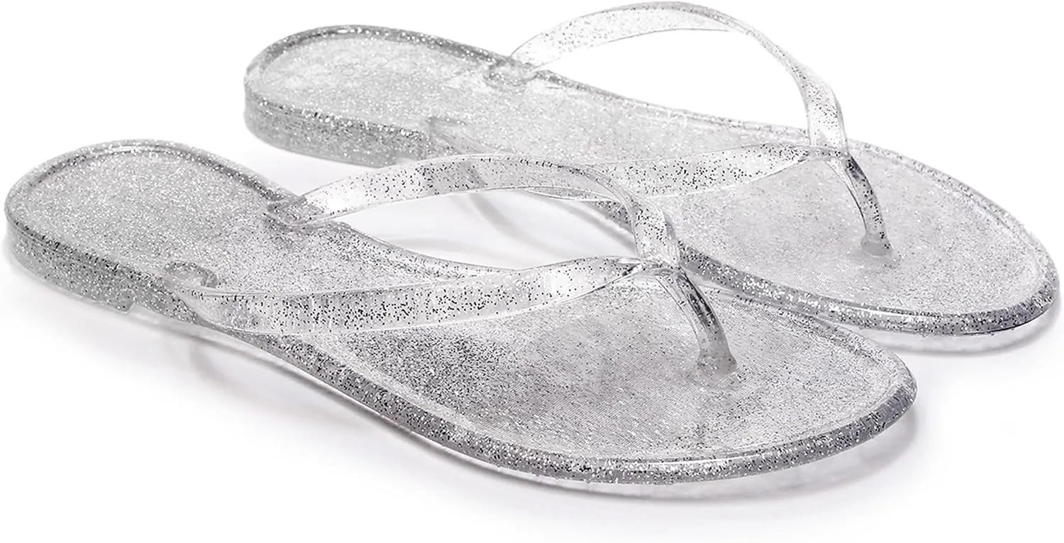Womens Flip Flops Thong Sandals Jelly Shoes Flat for Ladies Slides Black Slippers Size 9 Slip On Summer Beach Dressy