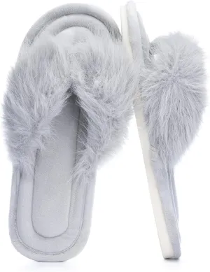 Womens Fuzzy Slippers with Box Memory Foam Soft Gifts for Women Mom Ladies Open Toe Fluffy Faux Fur Flip Flop Thong Slippers Bedroom Indoor Slides Shoe Birthday Valentines