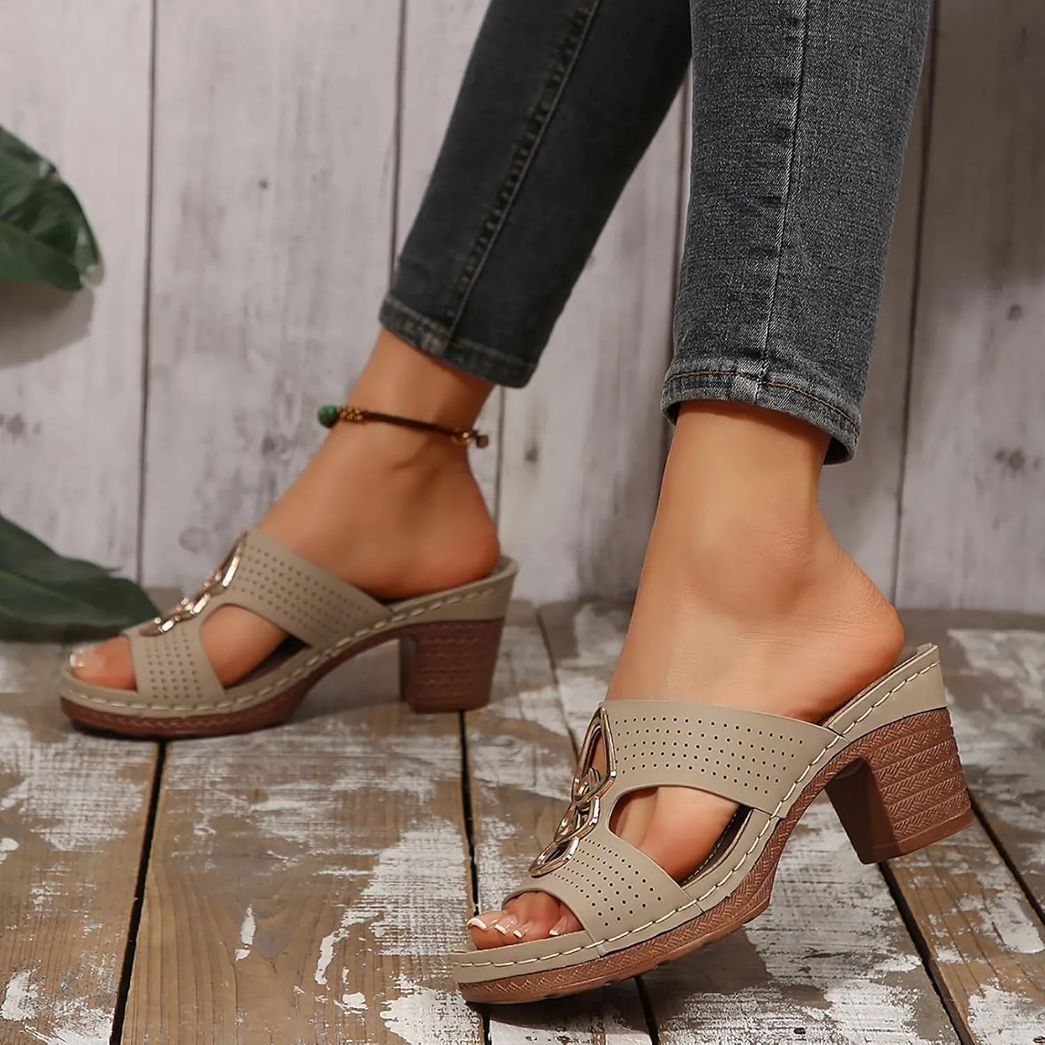 Women's Heeled Sandals Chunky Block Mid Heels Open Toe Ankle Strap Slides Summer Mules for Women 2025 Comfortable Walking Slip On Heel Clogs Fashion Dress Shoes Casual Slippers