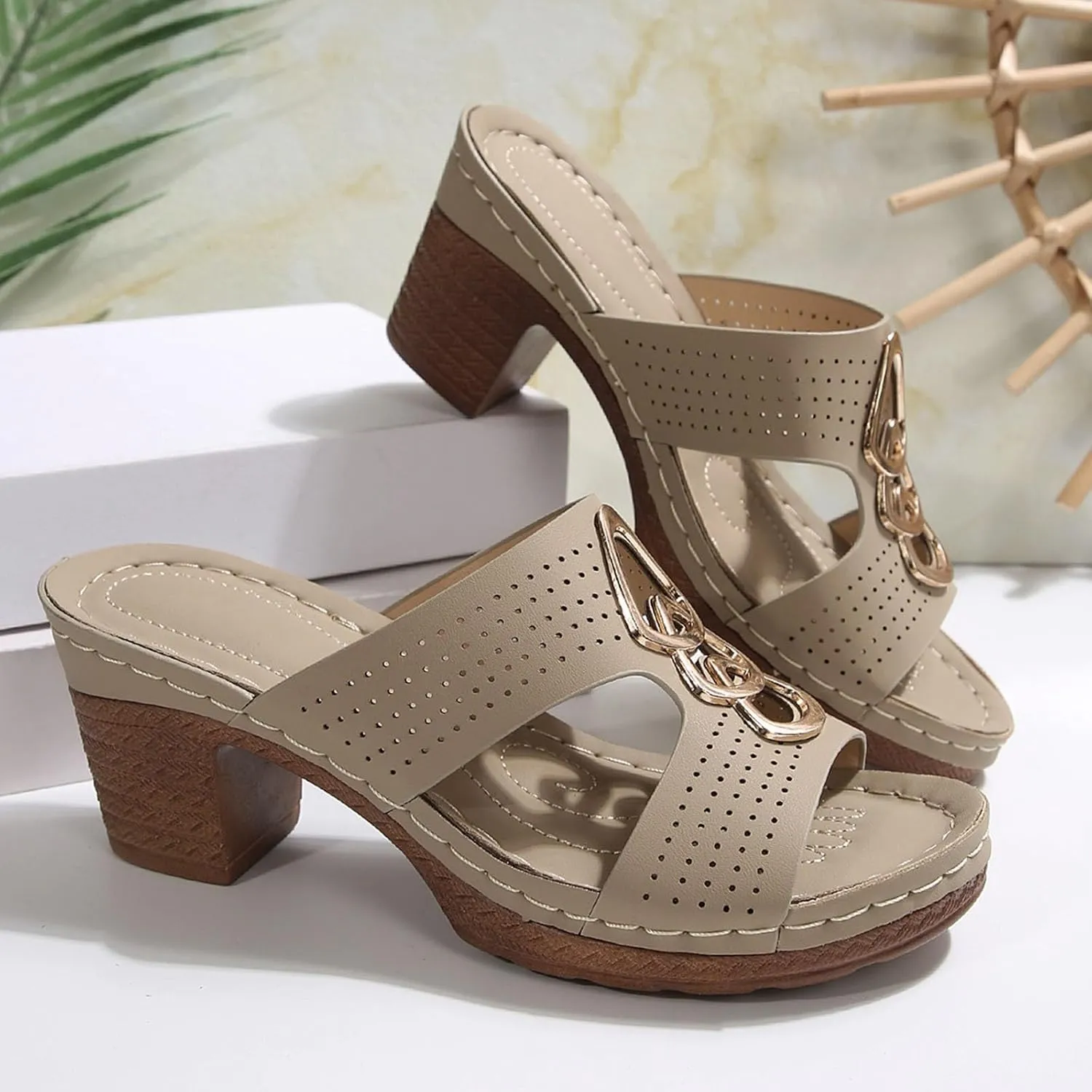 Women's Heeled Sandals Chunky Block Mid Heels Open Toe Ankle Strap Slides Summer Mules for Women 2025 Comfortable Walking Slip On Heel Clogs Fashion Dress Shoes Casual Slippers