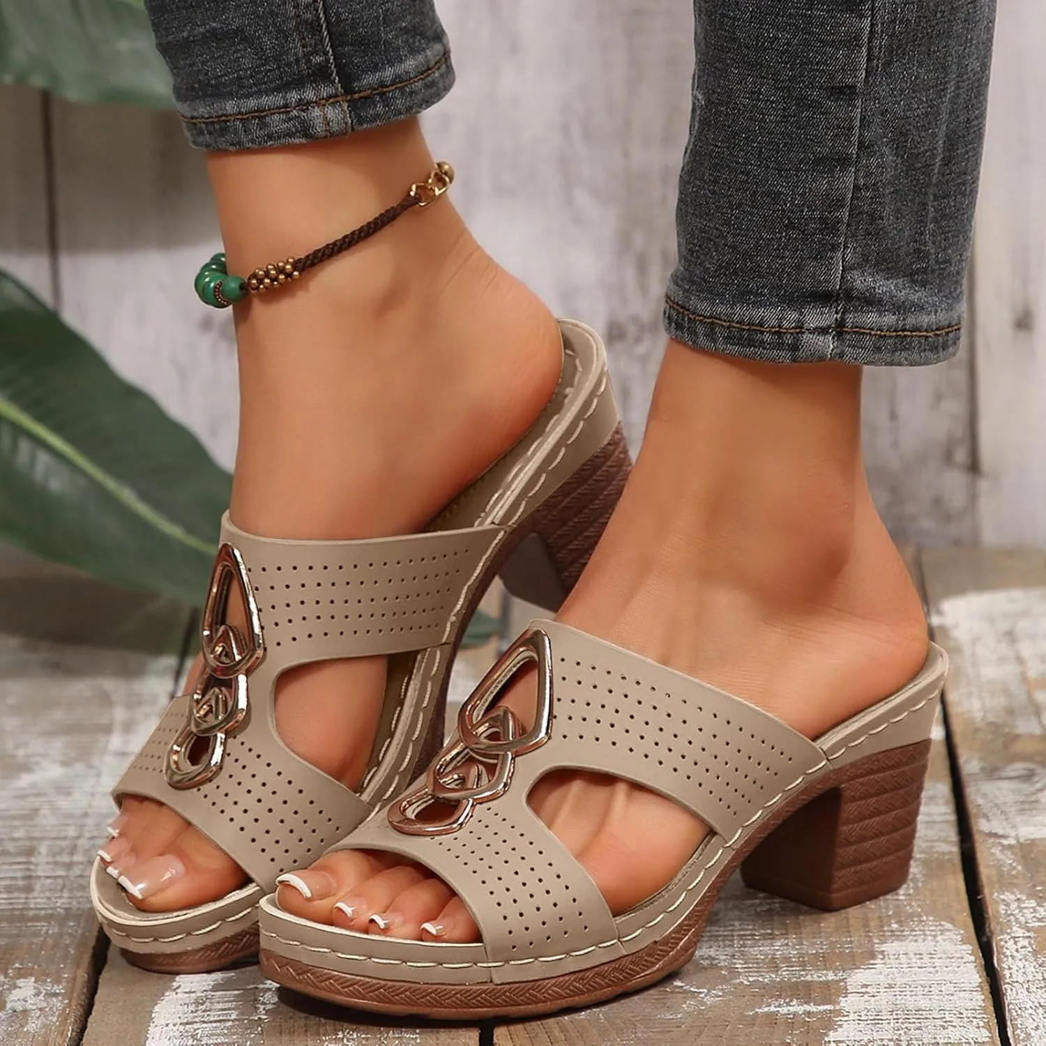Women's Heeled Sandals Chunky Block Mid Heels Open Toe Ankle Strap Slides Summer Mules for Women 2025 Comfortable Walking Slip On Heel Clogs Fashion Dress Shoes Casual Slippers