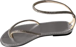 Women's High Elastic Thong Sandals Clip Toe Rhinestone Embellished Slipper Summer Stretch Strappy Flat Flip Flop