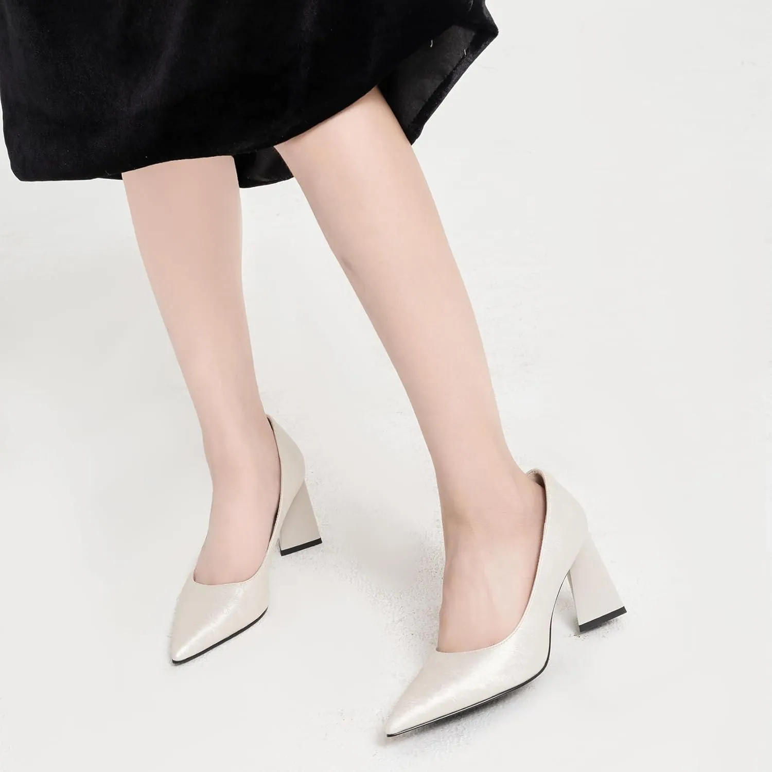 Women's Kitten Chunky Medium Heel Slip-On Pointed Toe Embroidered Pumps Shoes Party Wedding Office White