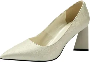 Women's Kitten Chunky Medium Heel Slip-On Pointed Toe Embroidered Pumps Shoes Party Wedding Office White