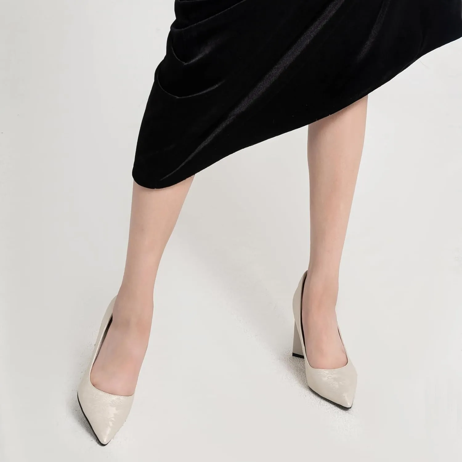 Women's Kitten Chunky Medium Heel Slip-On Pointed Toe Embroidered Pumps Shoes Party Wedding Office White