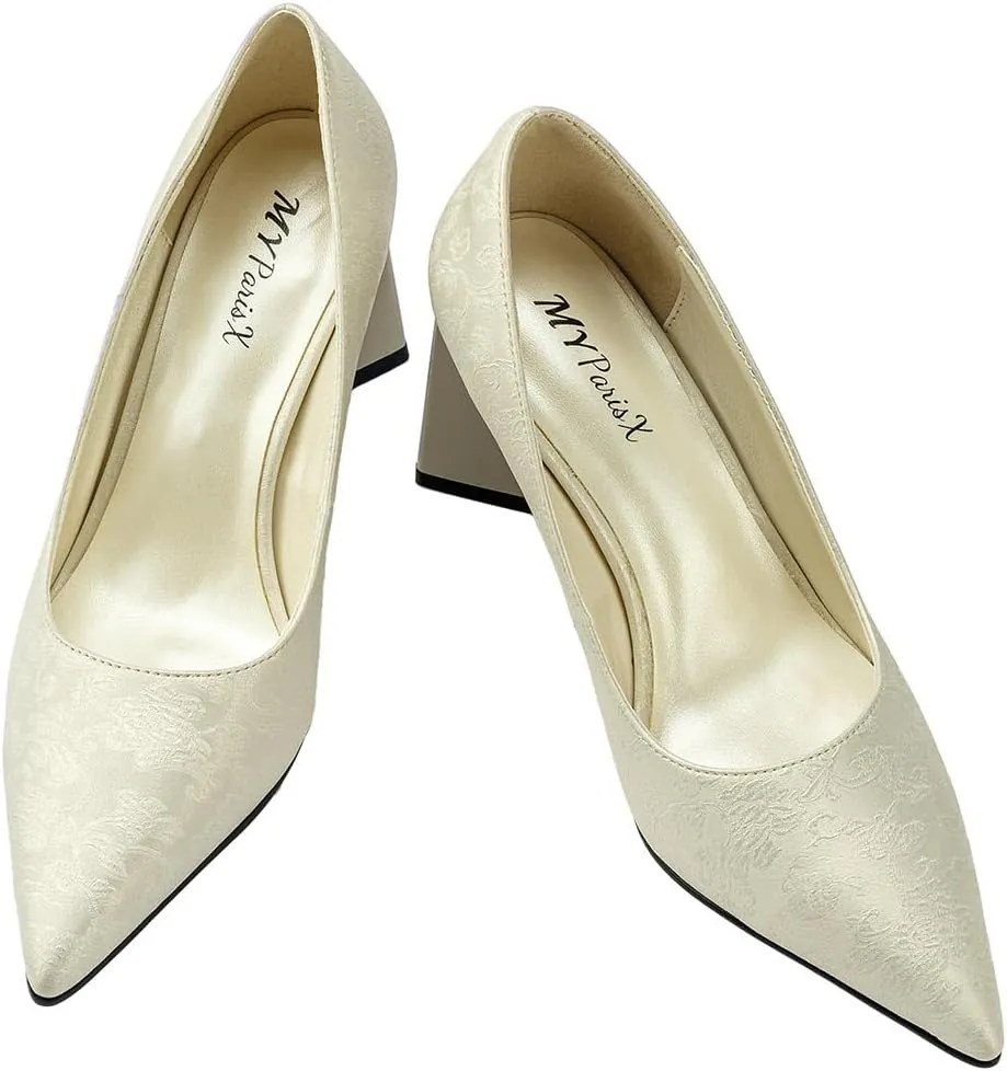 Women's Kitten Chunky Medium Heel Slip-On Pointed Toe Embroidered Pumps Shoes Party Wedding Office White