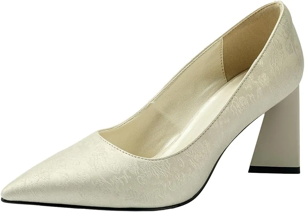 Women's Kitten Chunky Medium Heel Slip-On Pointed Toe Embroidered Pumps Shoes Party Wedding Office White