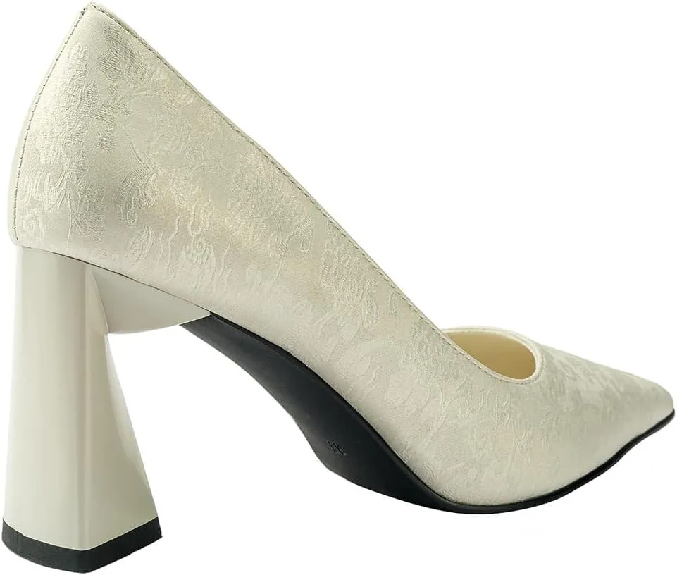 Women's Kitten Chunky Medium Heel Slip-On Pointed Toe Embroidered Pumps Shoes Party Wedding Office White