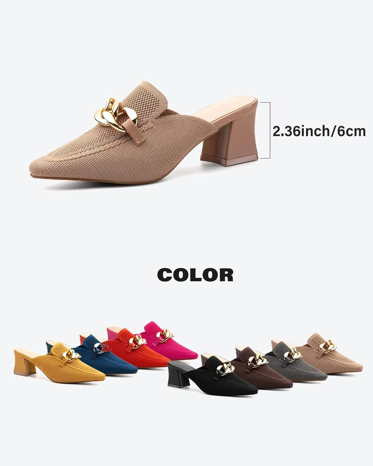 Women's Knit Pointed Toe Chunky Heel Mules, Comfortable Slip-On Sandals for Business and Daily Wear