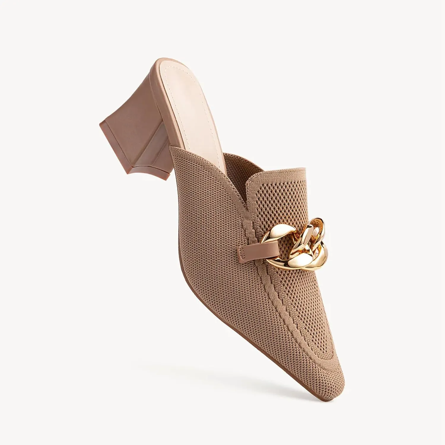 Women's Knit Pointed Toe Chunky Heel Mules, Comfortable Slip-On Sandals for Business and Daily Wear