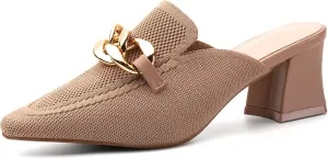 Women's Knit Pointed Toe Chunky Heel Mules, Comfortable Slip-On Sandals for Business and Daily Wear