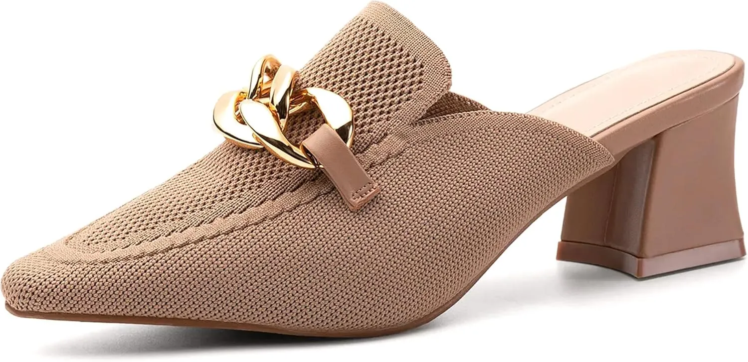 Women's Knit Pointed Toe Chunky Heel Mules, Comfortable Slip-On Sandals for Business and Daily Wear