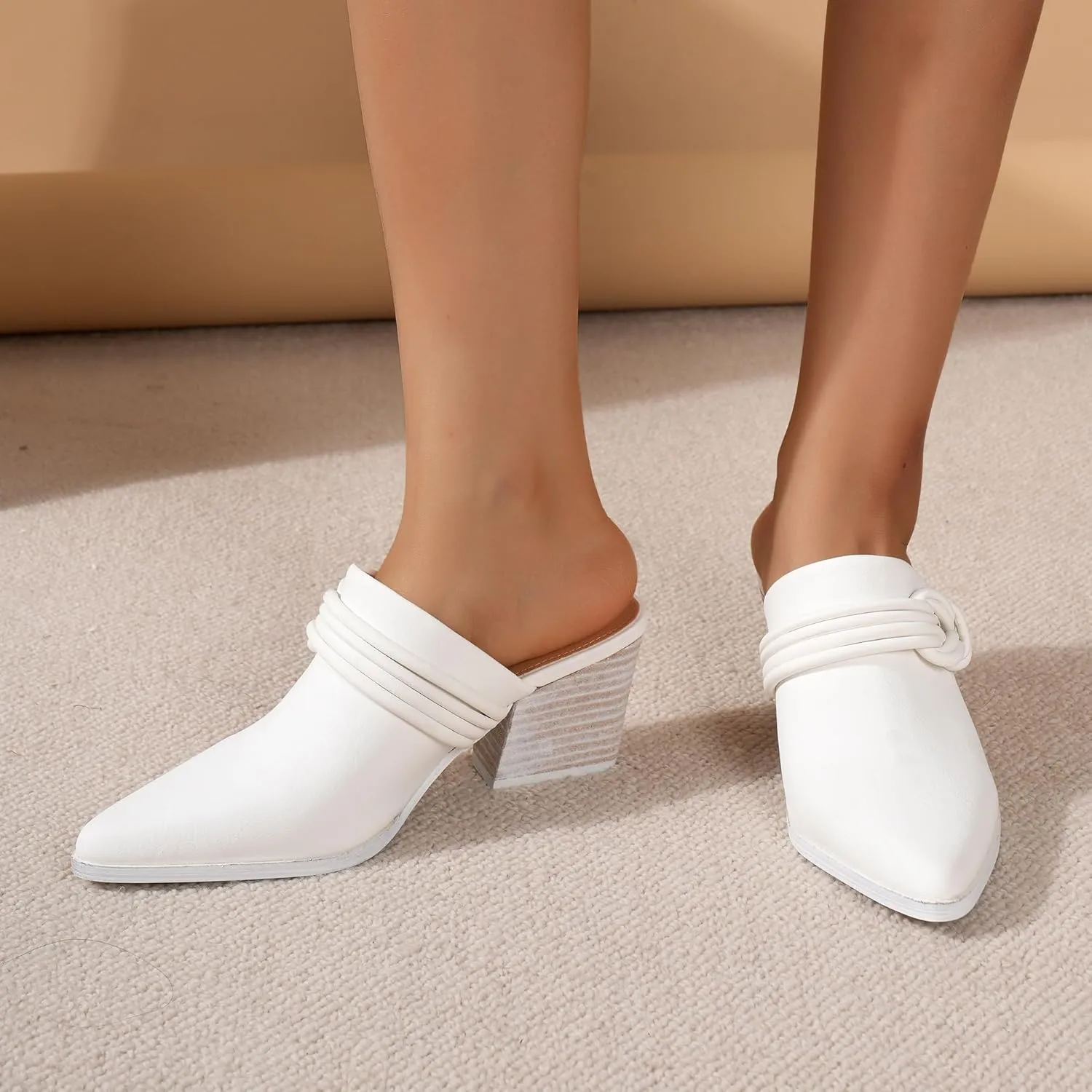 Women's Knotted Mule Western Mule Stacked Block Heels Mules Comfort Pointed Toe Slip on Slides Loafer Shoes