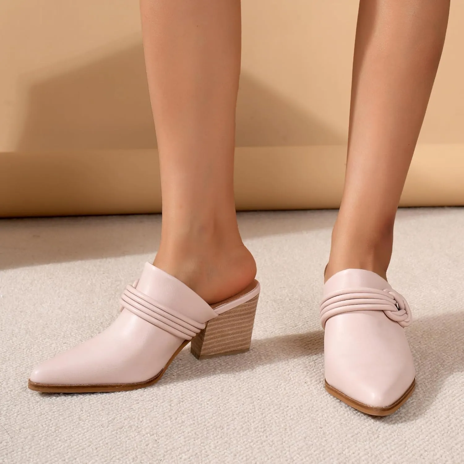 Women's Knotted Mule Western Mule Stacked Block Heels Mules Comfort Pointed Toe Slip on Slides Loafer Shoes
