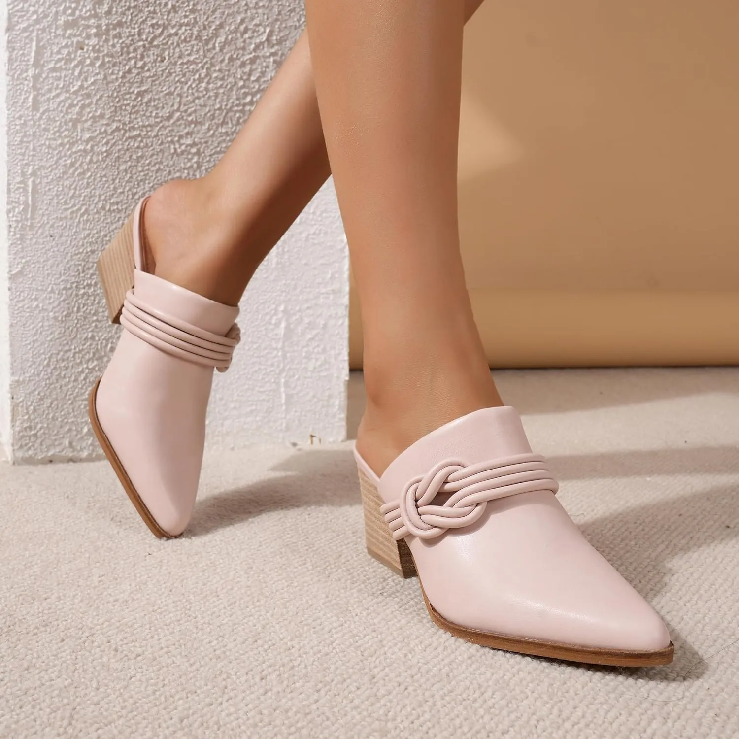 Women's Knotted Mule Western Mule Stacked Block Heels Mules Comfort Pointed Toe Slip on Slides Loafer Shoes