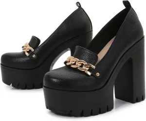 Women's Leather Metal Chain High Heel Loafers Fashion Closed Round Toe Platform Block Heel Penny Loafer for Business Office Dress Pumps