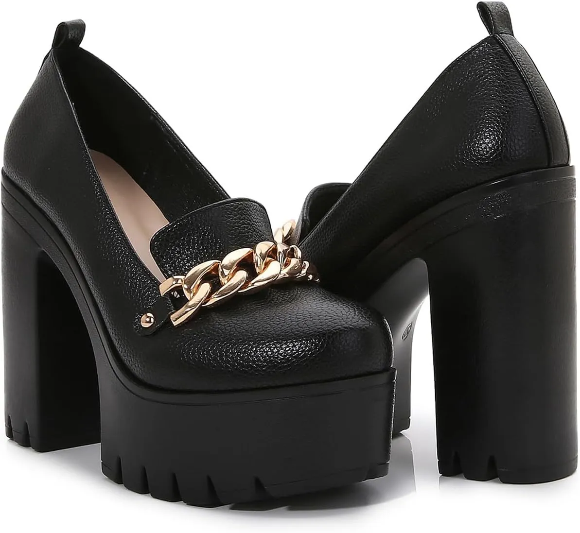 Women's Leather Metal Chain High Heel Loafers Fashion Closed Round Toe Platform Block Heel Penny Loafer for Business Office Dress Pumps