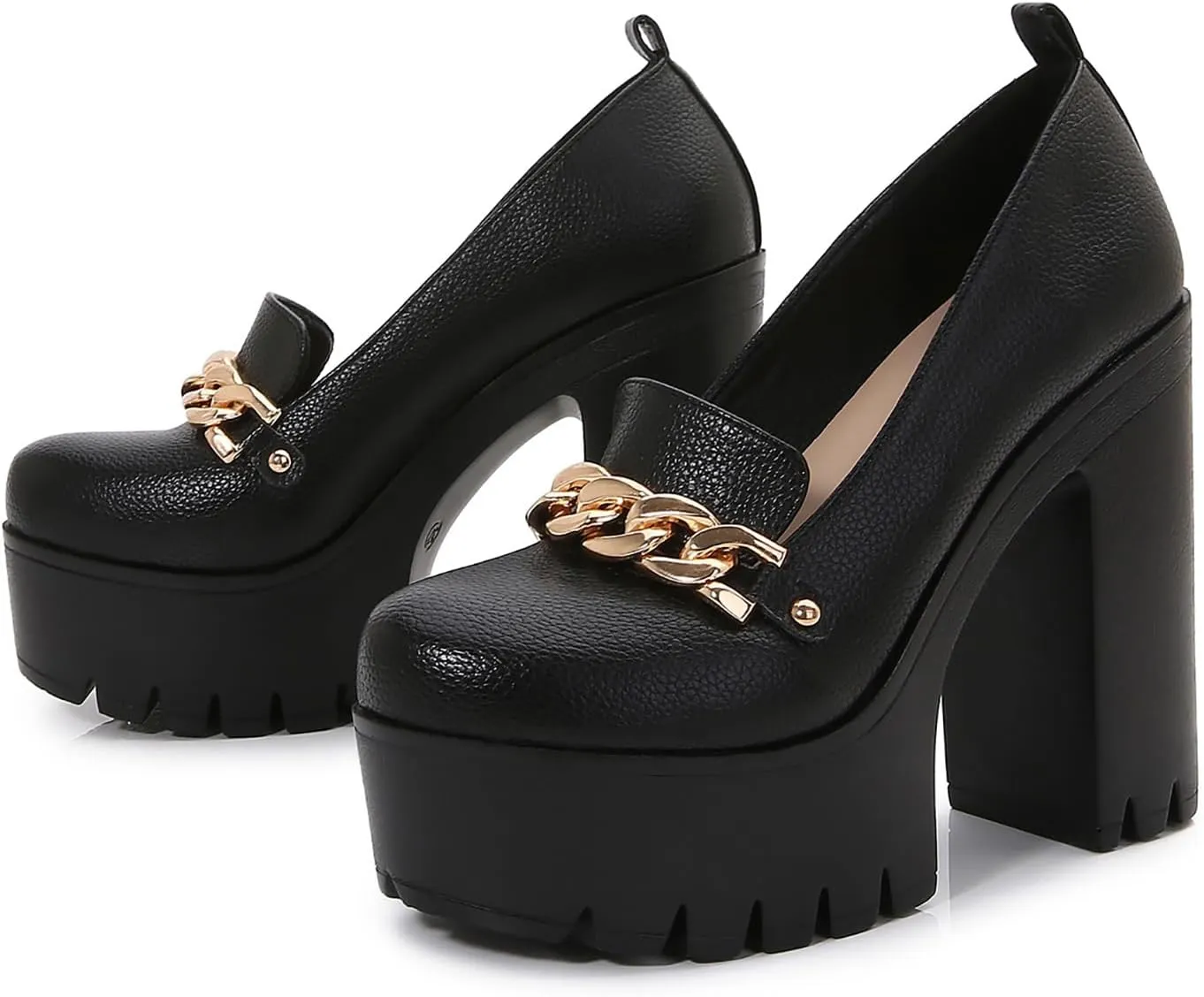 Women's Leather Metal Chain High Heel Loafers Fashion Closed Round Toe Platform Block Heel Penny Loafer for Business Office Dress Pumps
