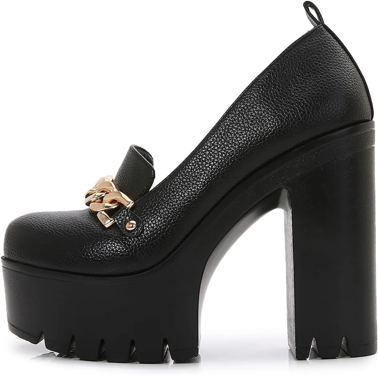 Women's Leather Metal Chain High Heel Loafers Fashion Closed Round Toe Platform Block Heel Penny Loafer for Business Office Dress Pumps