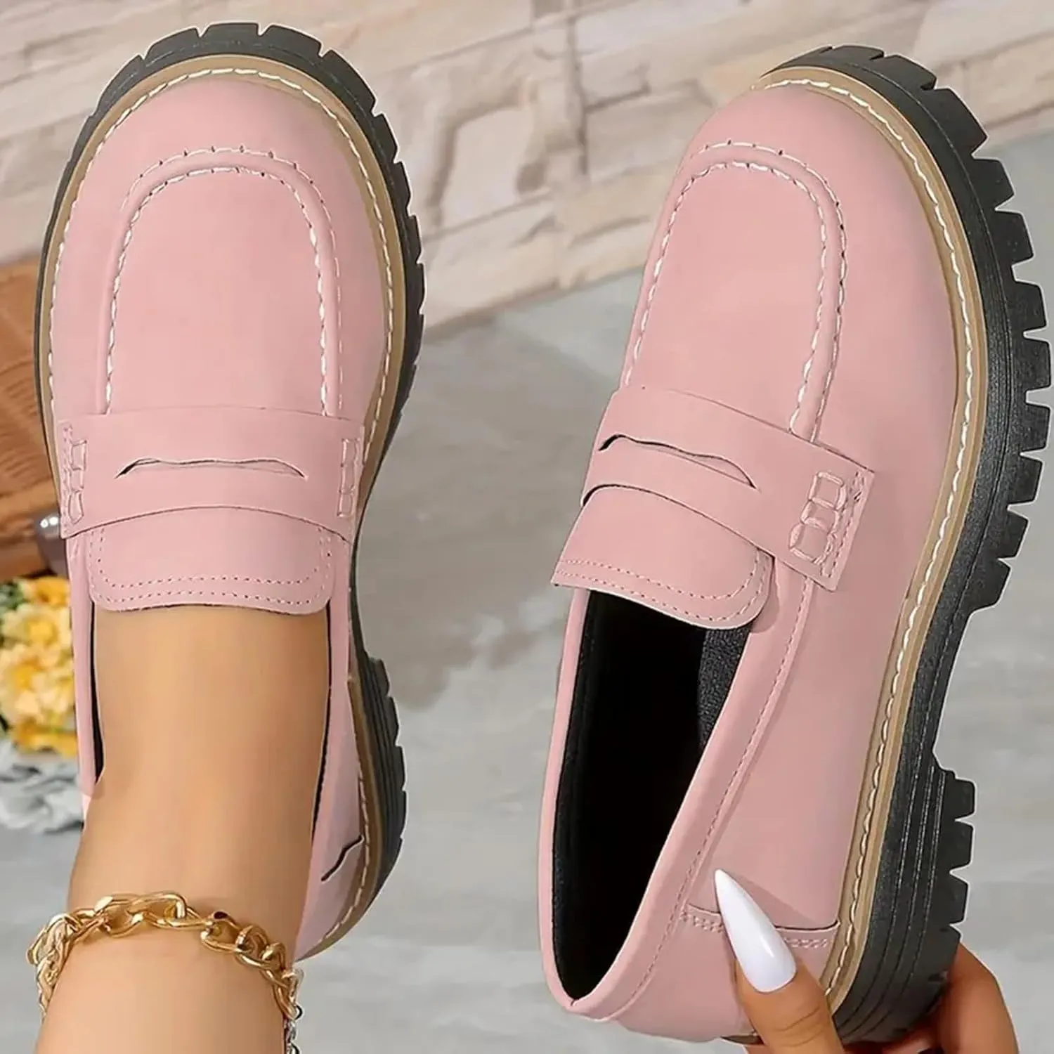 Womens Loafers Shoes Platform Chunky Penny Loafer Lug Sole Wide Width Comfortable Slip On Chunky Shoes for Women Work Office Business Casual Dress Shoe Walking Dresses Trendy Flats Loafer Sneakers