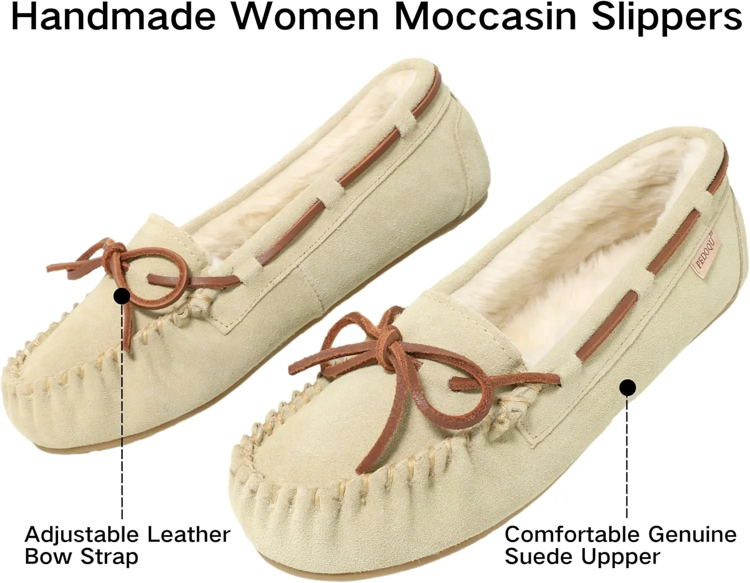 Women's Moccasin Slippers Cow Suede Warm Faux Fur Pile Lined Lace-Up Bow Cozy Indoor & Outdoor Slip On Loafers Shoes for Women