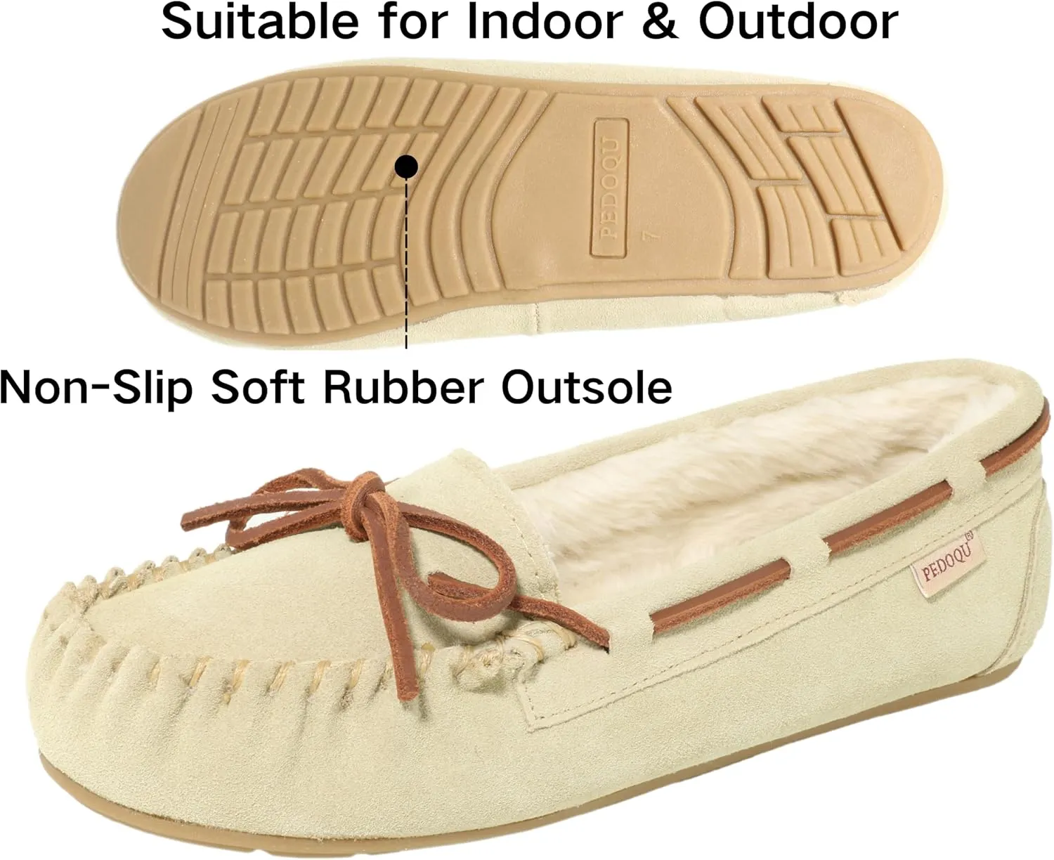 Women's Moccasin Slippers Cow Suede Warm Faux Fur Pile Lined Lace-Up Bow Cozy Indoor & Outdoor Slip On Loafers Shoes for Women
