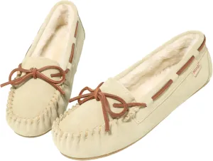 Women's Moccasin Slippers Cow Suede Warm Faux Fur Pile Lined Lace-Up Bow Cozy Indoor & Outdoor Slip On Loafers Shoes for Women