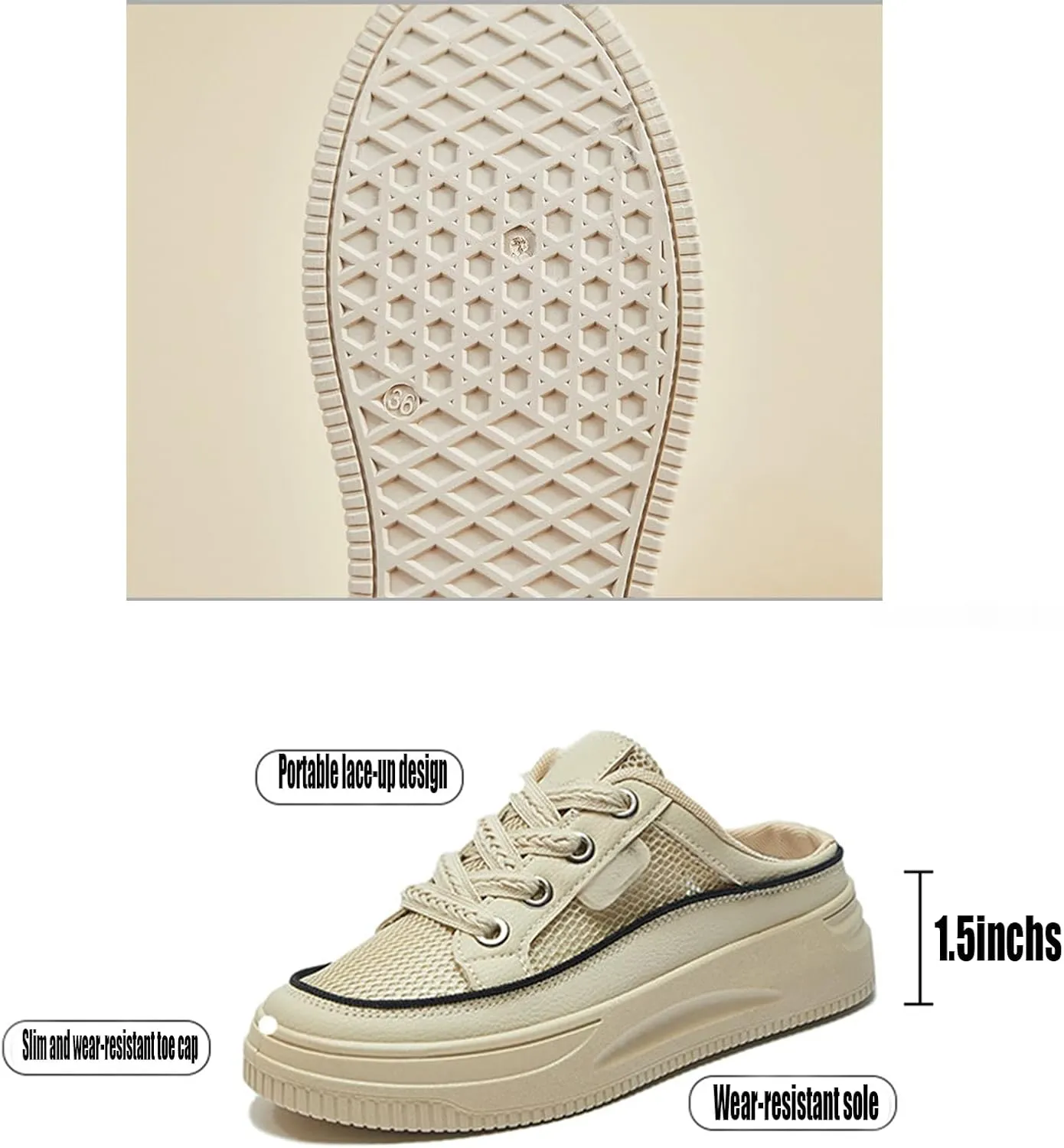 Women's Patchwork Platform Mesh Slip-On Mule Sneakers, Comfortable and Breathable Casual Walking Shoes, Open-Back Lace-Up Sneakers