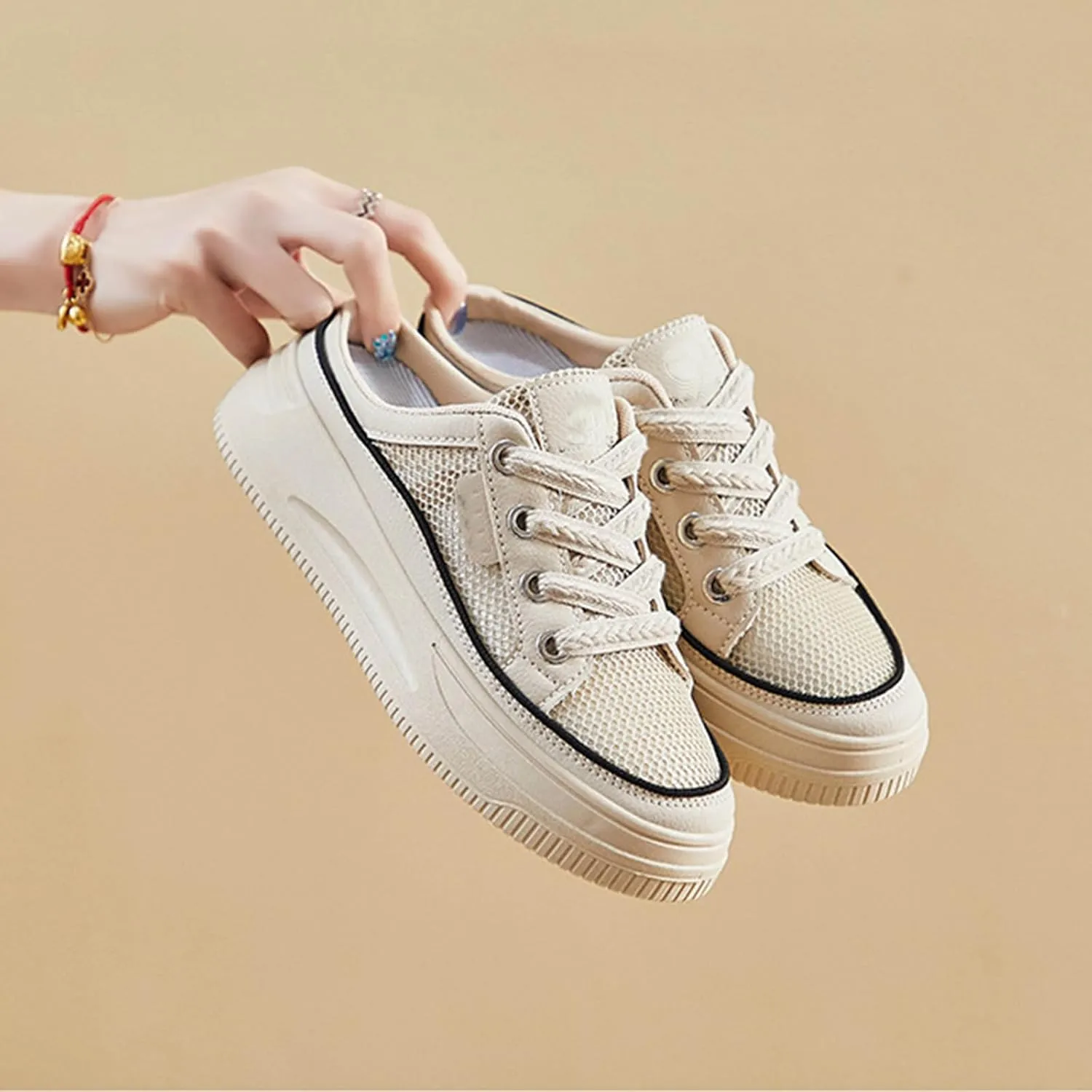 Women's Patchwork Platform Mesh Slip-On Mule Sneakers, Comfortable and Breathable Casual Walking Shoes, Open-Back Lace-Up Sneakers