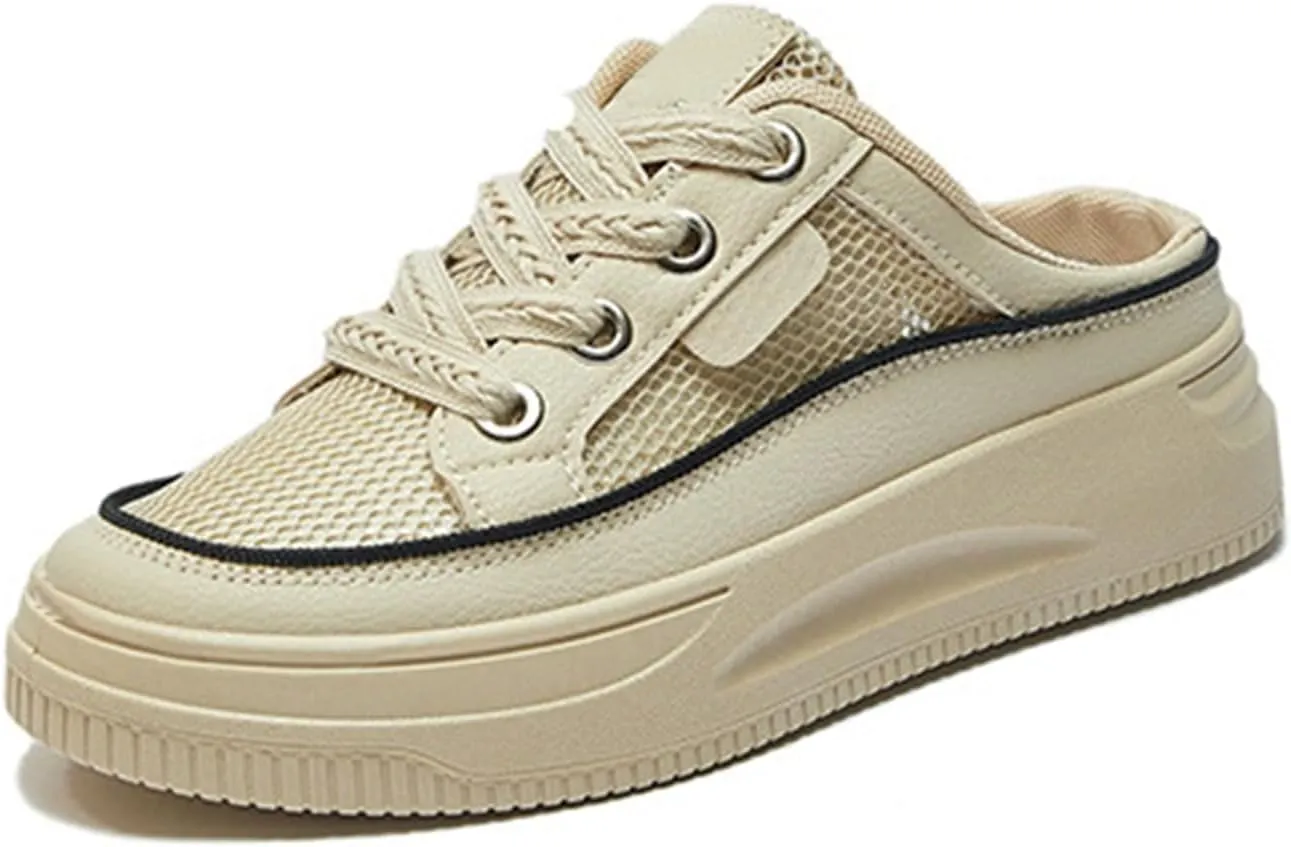 Women's Patchwork Platform Mesh Slip-On Mule Sneakers, Comfortable and Breathable Casual Walking Shoes, Open-Back Lace-Up Sneakers