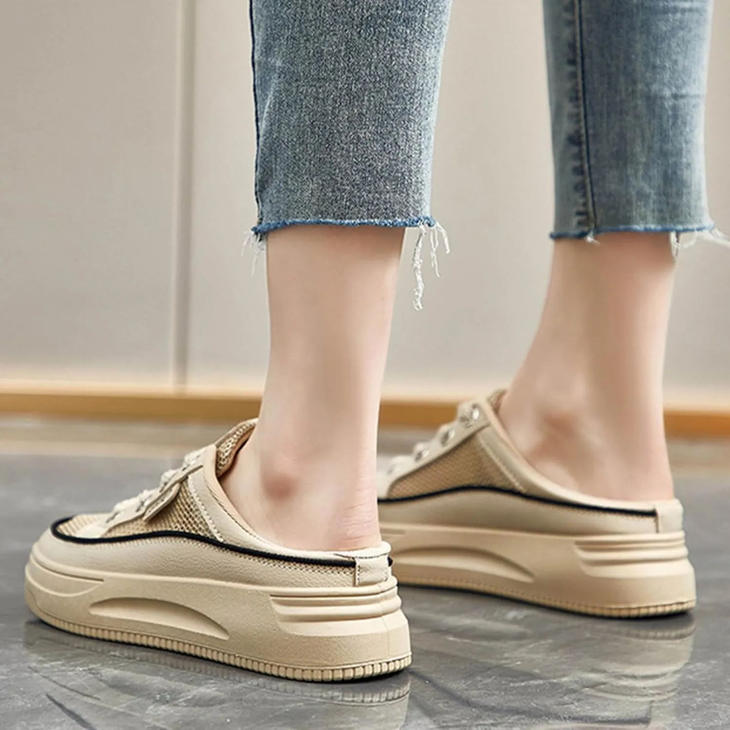 Women's Patchwork Platform Mesh Slip-On Mule Sneakers, Comfortable and Breathable Casual Walking Shoes, Open-Back Lace-Up Sneakers