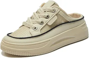 Women's Patchwork Platform Mesh Slip-On Mule Sneakers, Comfortable and Breathable Casual Walking Shoes, Open-Back Lace-Up Sneakers