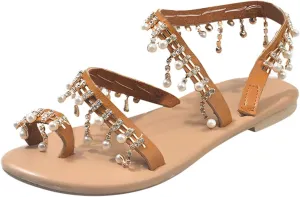 Women's Pearls Tassel Sandals Bohemia Bling Crystal Wedding Gladiator flat Sandals for Bride Toe Ring Dress Shoes White
