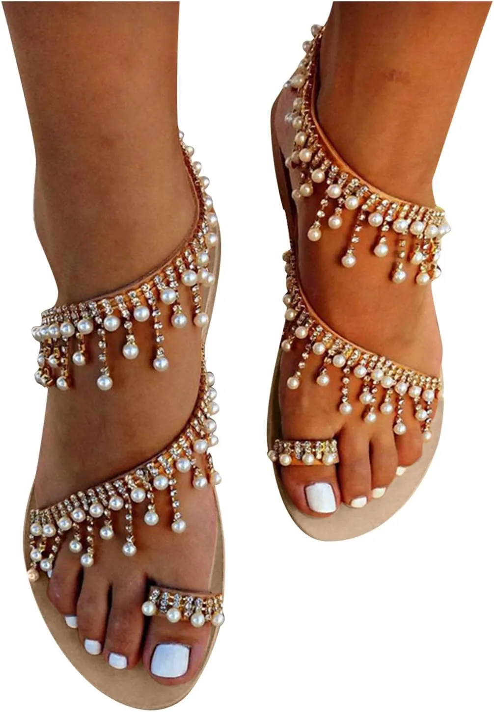 Women's Pearls Tassel Sandals Bohemia Bling Crystal Wedding Gladiator flat Sandals for Bride Toe Ring Dress Shoes White