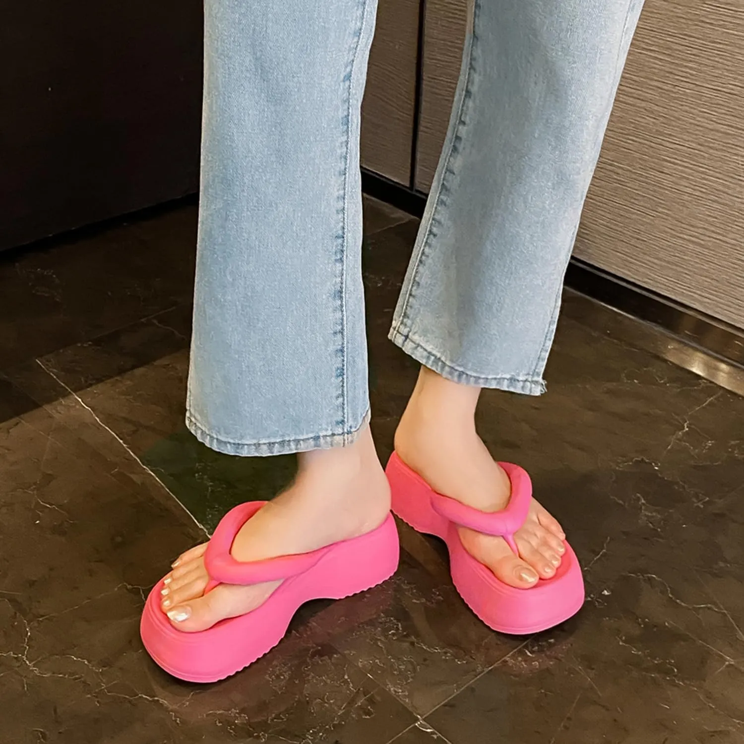 Women's Platform Flip Flops, Casual Wedges Sandals With Arch Support, Summer Chunky Heeled Slides, Beach Thong Slippers
