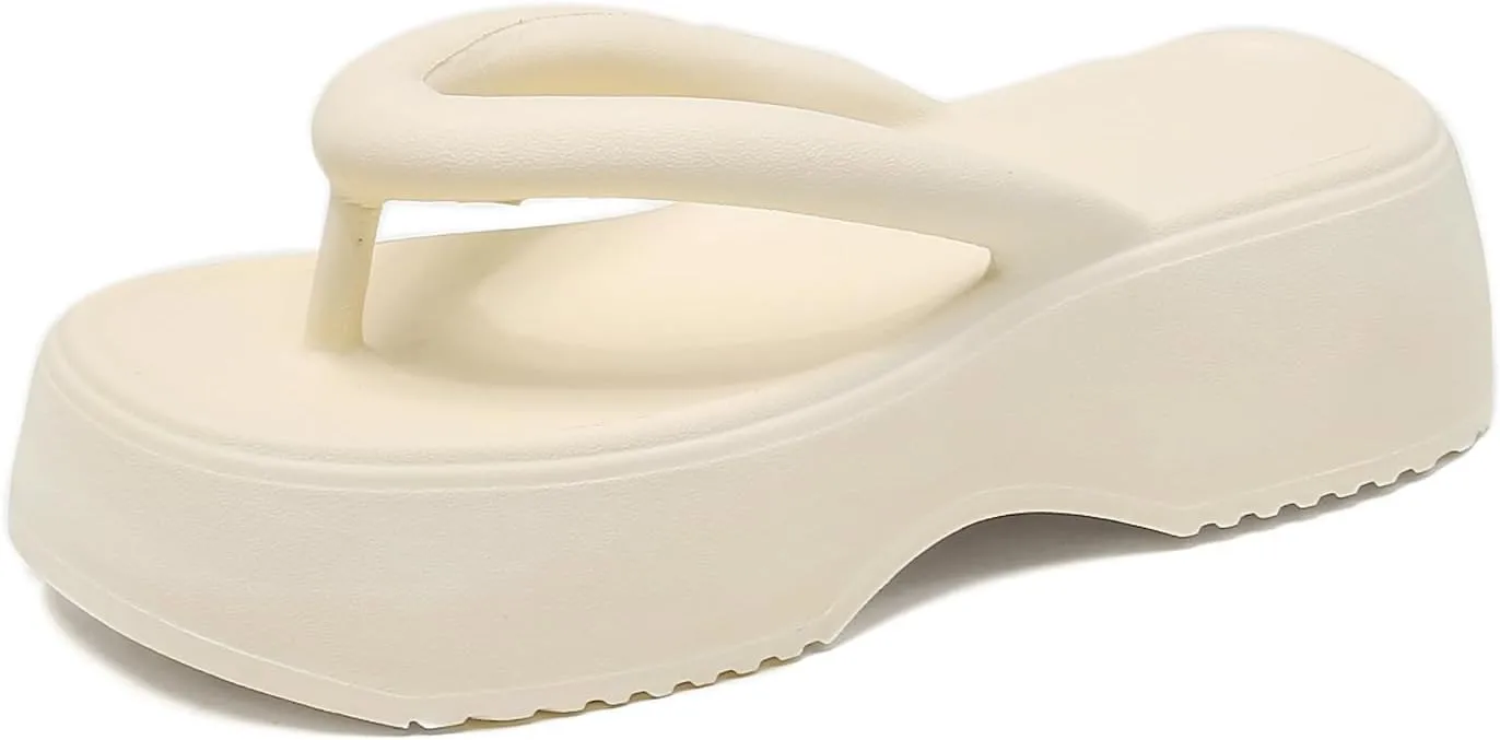 Women's Platform Flip Flops, Casual Wedges Sandals With Arch Support, Summer Chunky Heeled Slides, Beach Thong Slippers