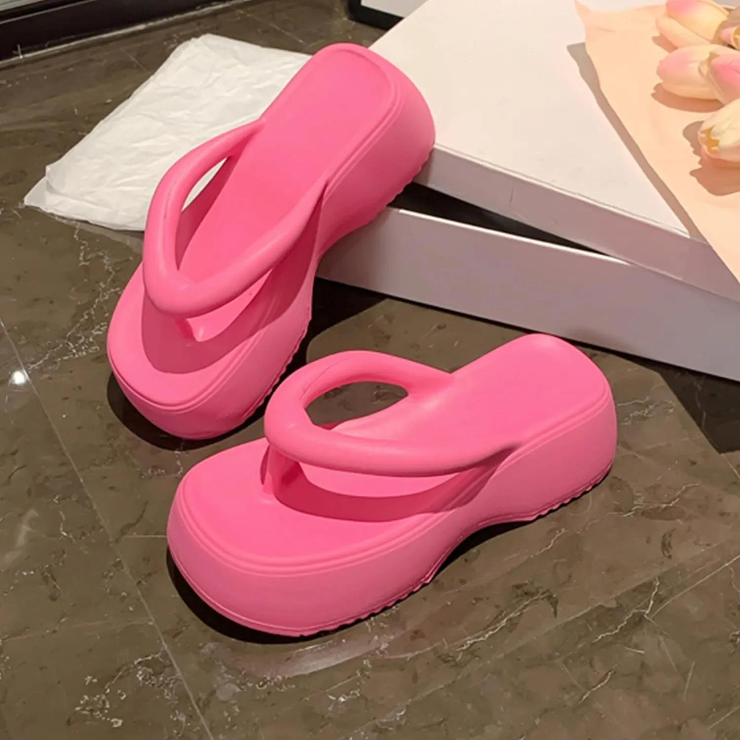 Women's Platform Flip Flops, Casual Wedges Sandals With Arch Support, Summer Chunky Heeled Slides, Beach Thong Slippers