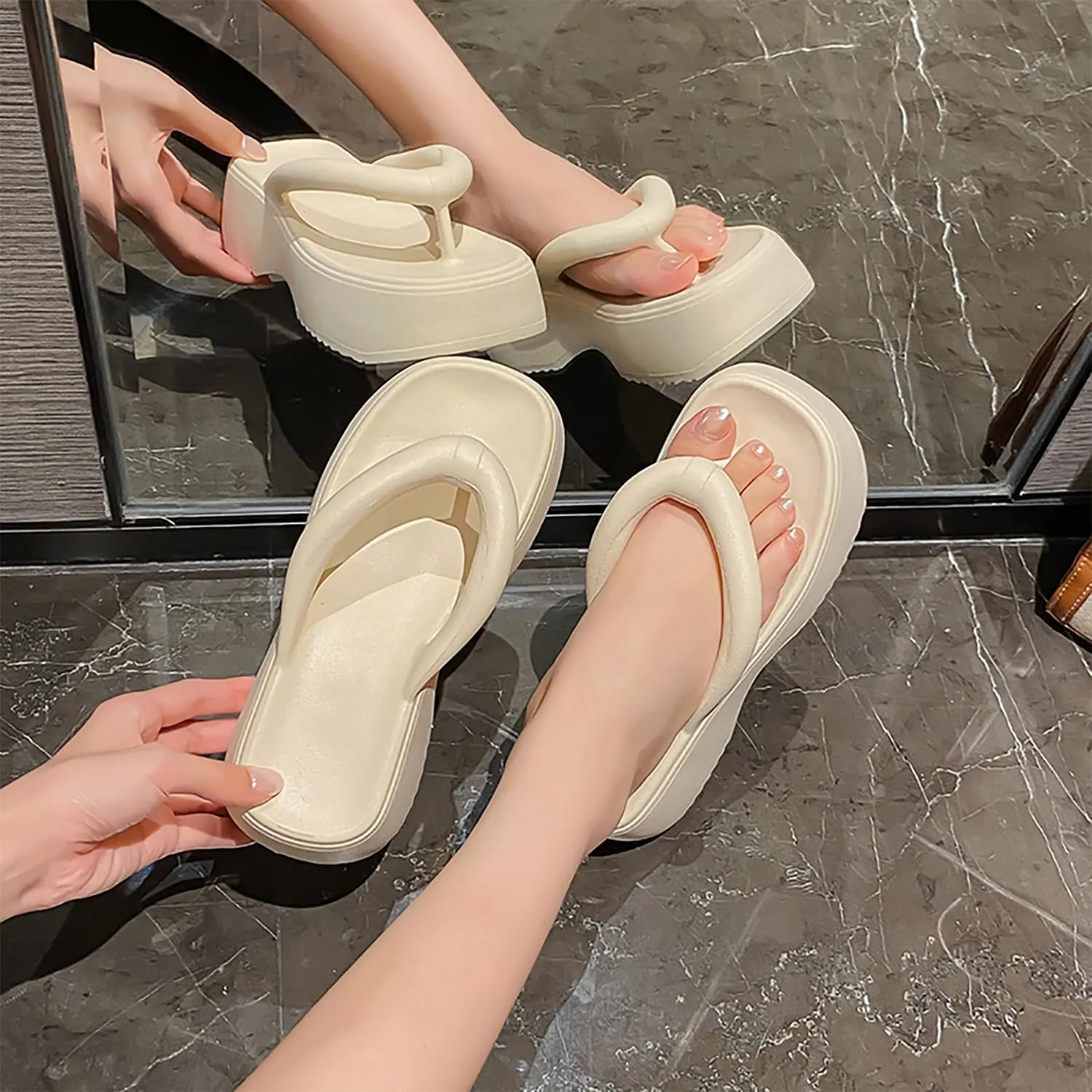 Women's Platform Flip Flops, Casual Wedges Sandals With Arch Support, Summer Chunky Heeled Slides, Beach Thong Slippers