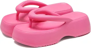 Women's Platform Flip Flops, Casual Wedges Sandals With Arch Support, Summer Chunky Heeled Slides, Beach Thong Slippers